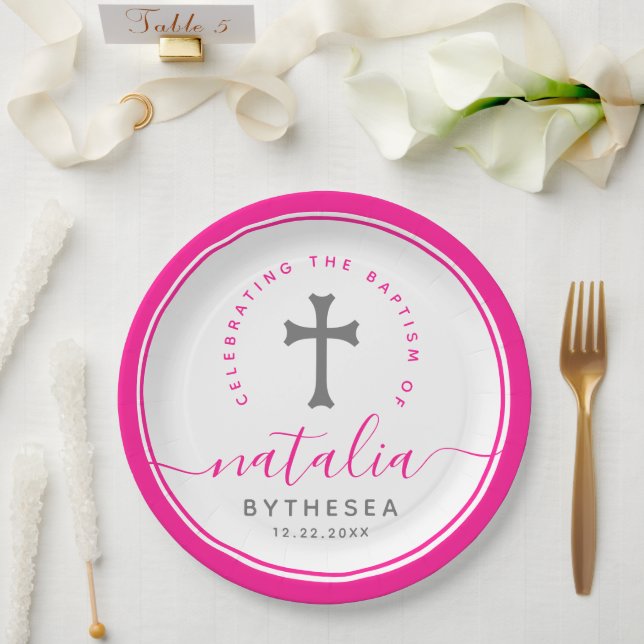 Pink Baptism Christening Naming Cross Paper Plates (Wedding)