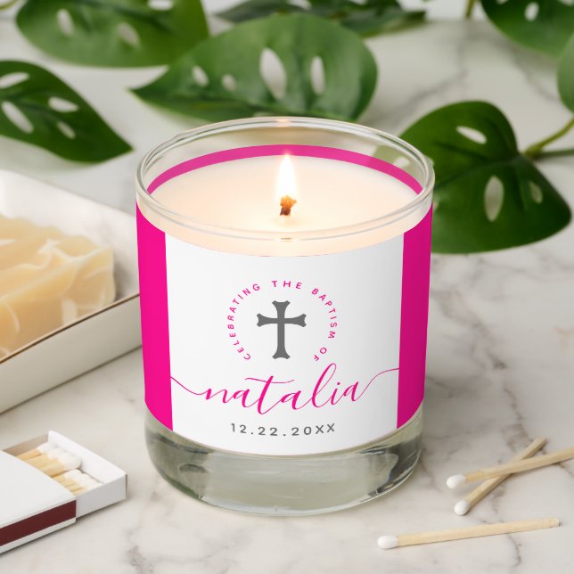 Pink Baptism Christening Naming Cross Scented Candle (Lit)