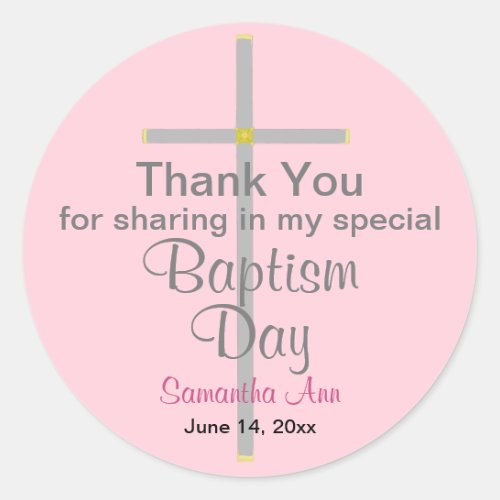 Pink Baptism Daughter Silver Cross Thank You Classic Round Sticker