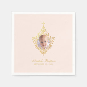 Pink Baptism Girl Photo Faux Gold Cross Vintage Napkins