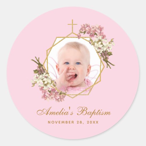 Pink Baptism Girl Photo Gold Cross Orchids Floral  Classic Round Sticker