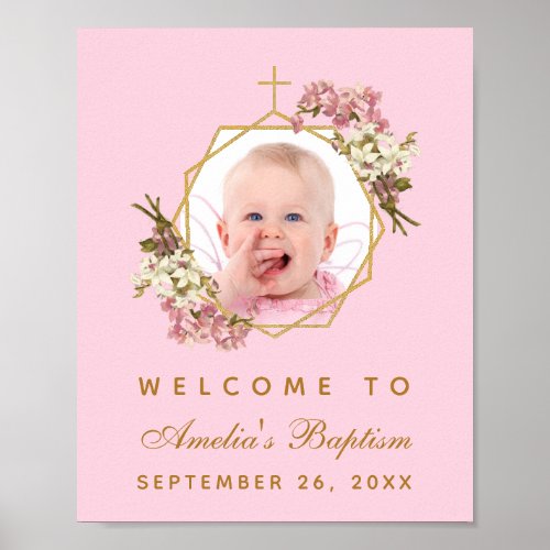 Pink Baptism Girl Photo Orchids Gold Welcome Sign