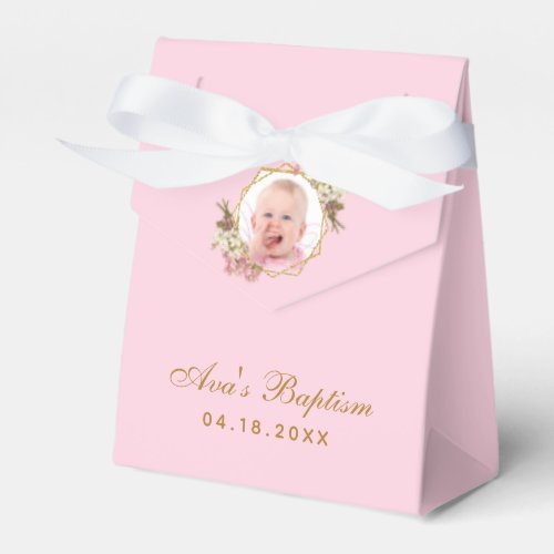Pink Baptism Girl Photo Orchids Script Gold Floral Favor Boxes
