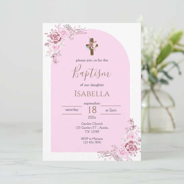 Pink Baptism Invitation Card (Standing Front)