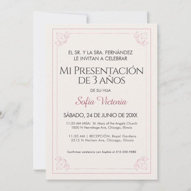 Pink Baptism Invitation – Mi Presentación Girl (Front)