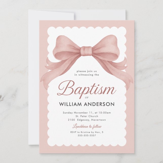 Pink Baptism Invitation with Elegant Bow and Class (Front)