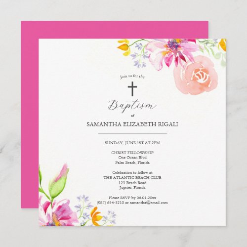 Pink Baptism Invitations for Girl Flowers