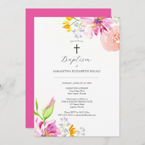 Pink Baptism Invitations Watercolor Flowers