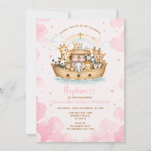 Pink Baptism Noah’s Ark Cloud  Invitation