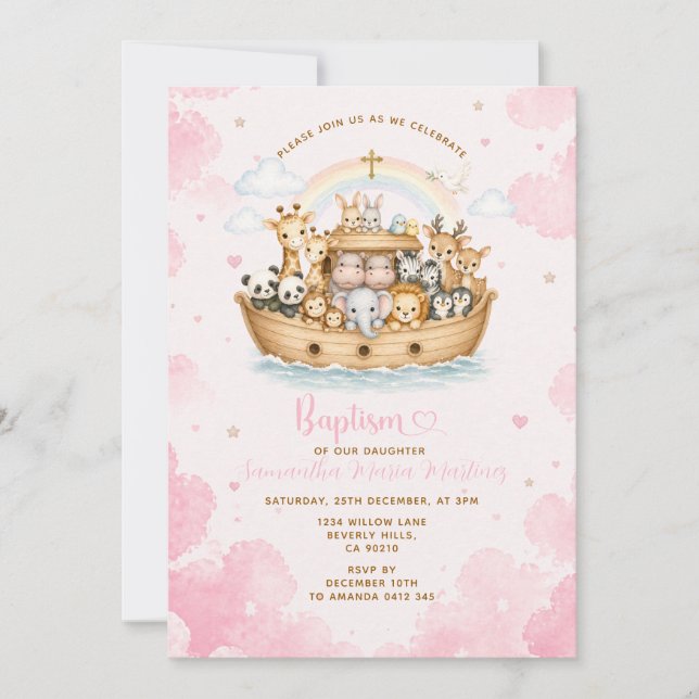 Pink Baptism Noah’s Ark Cloud  Invitation (Front)