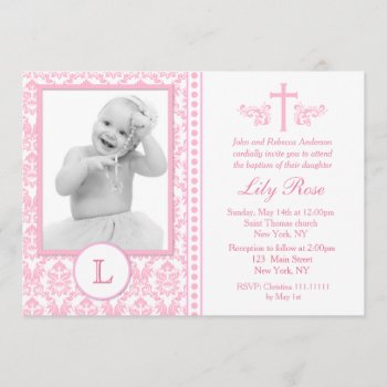 Pink Baptism Photo Invitations by SugarPlumPaperie at Zazzle