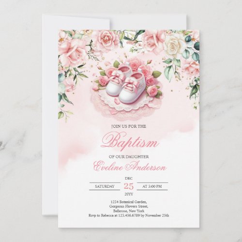 Pink Baptism shoes girl baby slippers blush roses Invitation