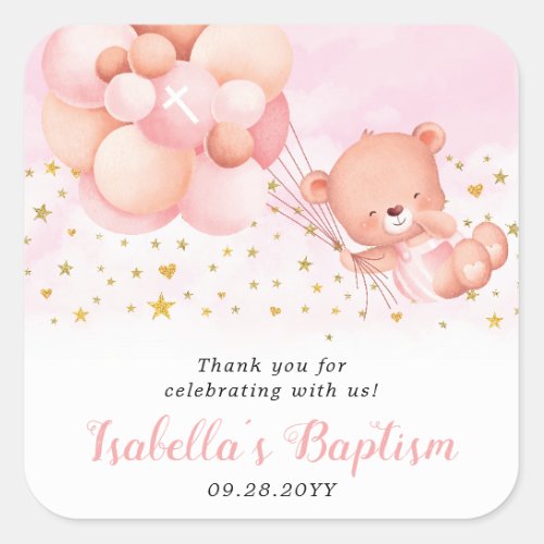 Pink Baptism Teddy Bear Thank You Baptism Favors Square Sticker