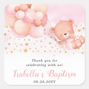Pink Baptism Teddy Bear Thank You Baptism Favors Square Sticker