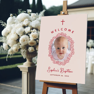 Pink Baptism Welcome Girl Photo Red Flower Wreath Foam Board