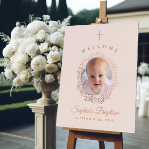 Pink Baptism Welcome Girl Photo & Rose Gold Floral Foam Board