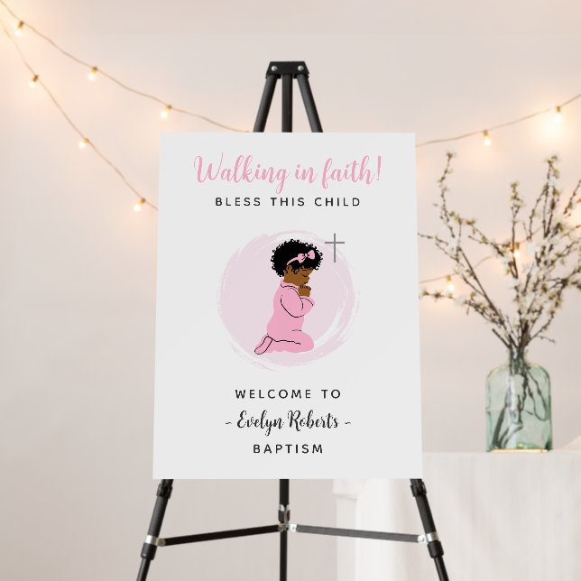 Pink Baptism Welcome Sign with Praying Baby Girl (In Situ (Stand))
