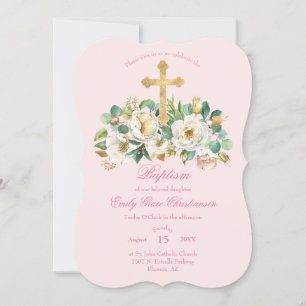 Pink Baptism with White Flowers and Gold Cross Invitation