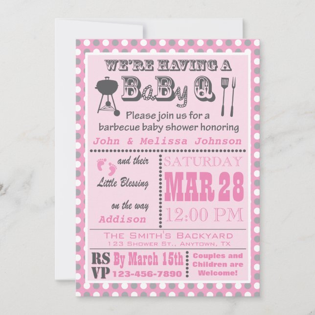 Pink Barbecue BaByQ Baby Shower Polka Dot Invitation (Front)