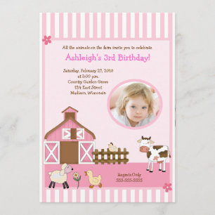 Pink Barn Animal Farm PHOTO Birthday Invitations