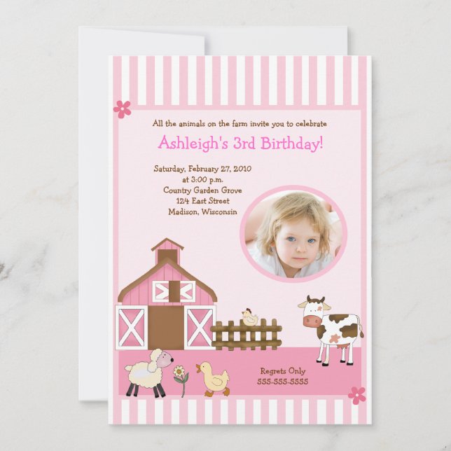 Pink Barn Animal Farm PHOTO Birthday Invitations (Front)