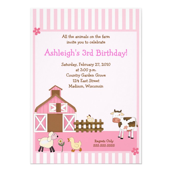 Pink Barn Animal Farm yard Birthday Invitations