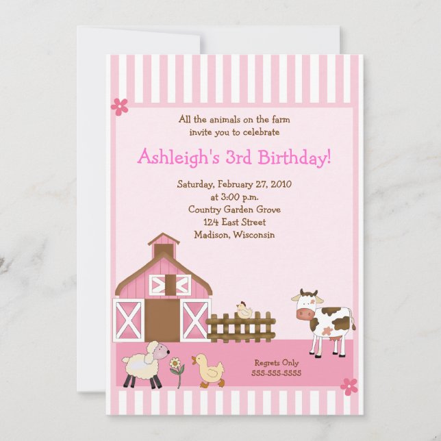 Pink Barn Animal Farm yard Birthday Invitations (Front)