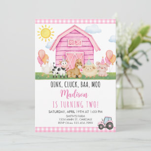 Pink Barn Animals with Party Hats Farm Birthday Invitation