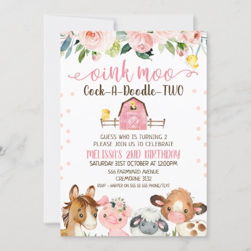 Pink Barn Cock_a_Doodle_TWO Animal Birthday Invitation