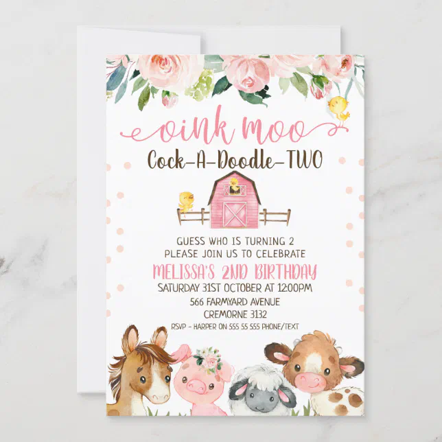 Pink Barn Cock-a-Doodle-TWO Animal Birthday Invitation | Zazzle