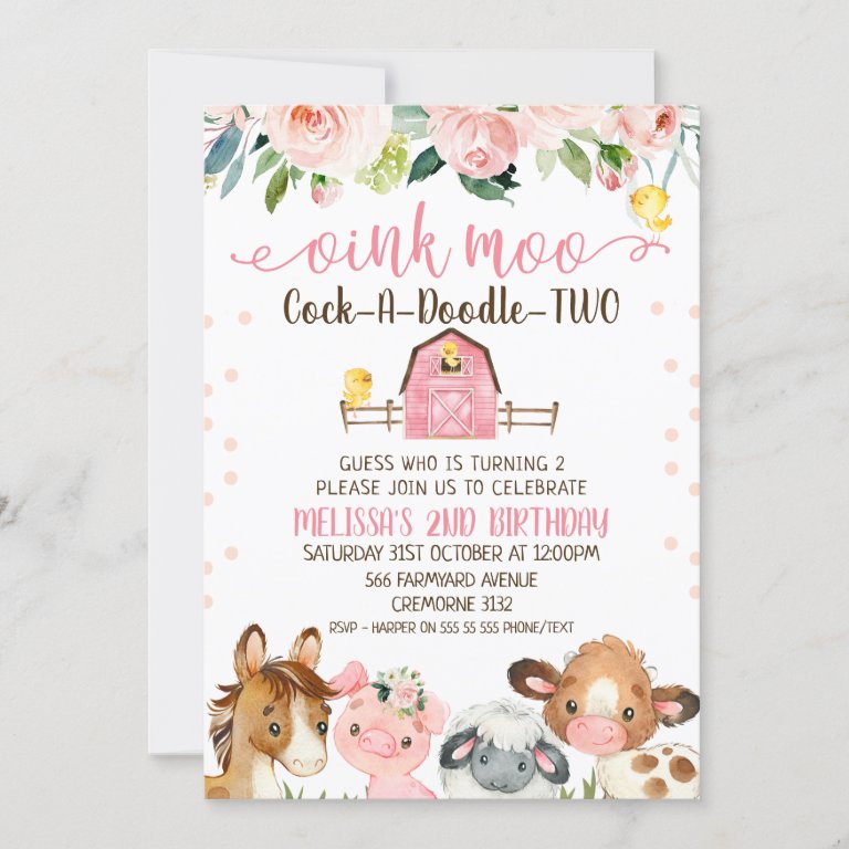 Pink Barn Cock-a-Doodle-TWO Animal Birthday Invitation