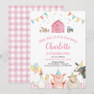 Pink Barn Farm Animals Barnyard Girl 2nd Birthday Invitation