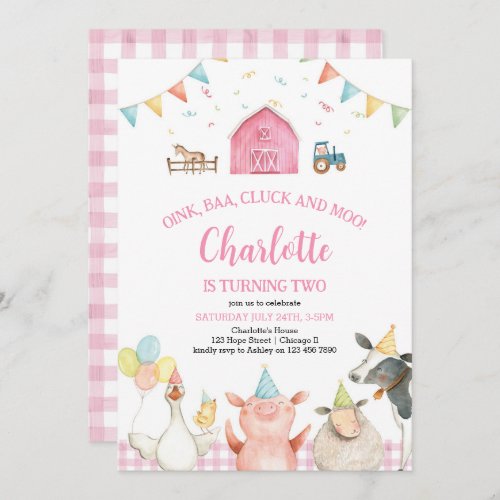 Pink Barn Farm Animals Barnyard Girl 2nd Birthday Invitation