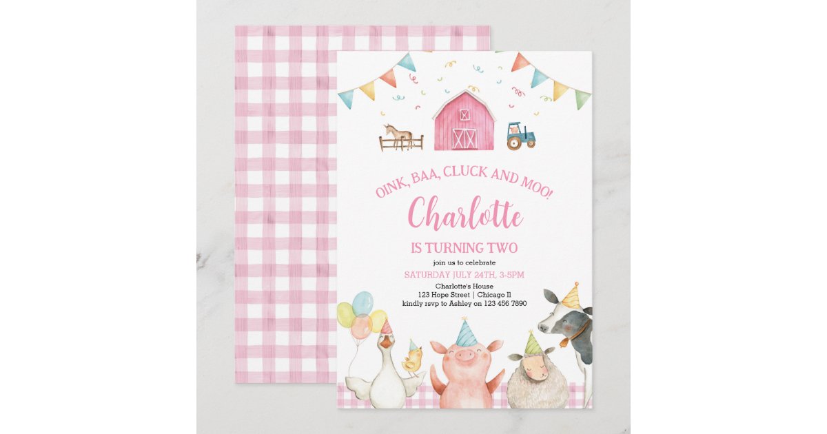 Pink Barn Farm Animals Barnyard Girl 2nd Birthday Invitation | Zazzle