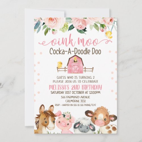 Pink Barn Floral Farm Animal Birthday Invitation