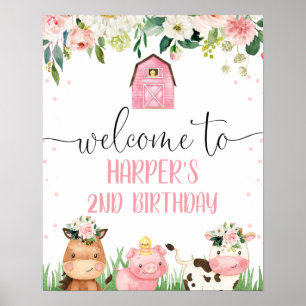 Pink Barn Floral Farm Animals Birthday Welcome Po Poster