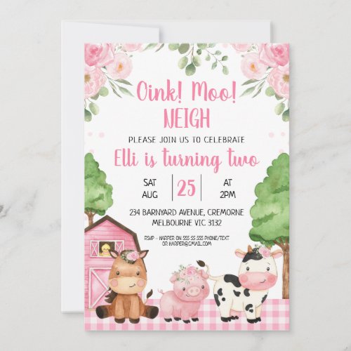 Pink Barn Floral Farm Oink Baa Neigh Birthday