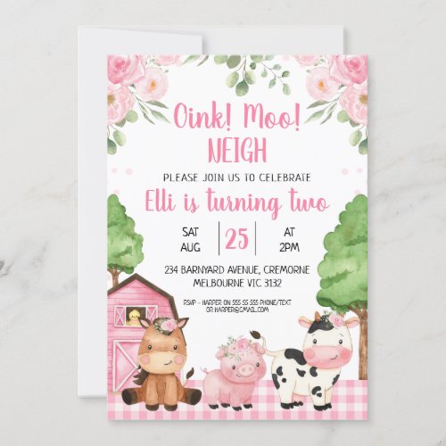 Pink Barn Floral Farm Oink Baa Neigh Birthday Invitation