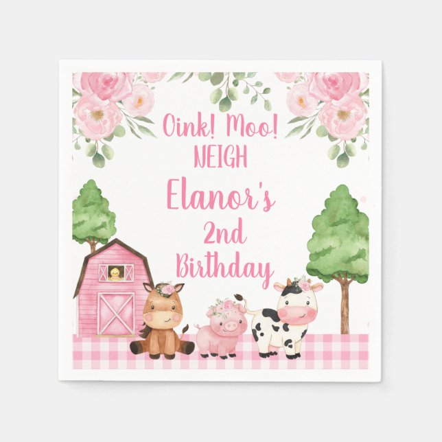Pink Barn Floral Farm Oink Baa Neigh Birthday Napkins (Front)