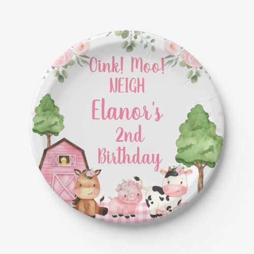 Pink Barn Floral Farm Oink Baa Neigh Birthday Paper Plates