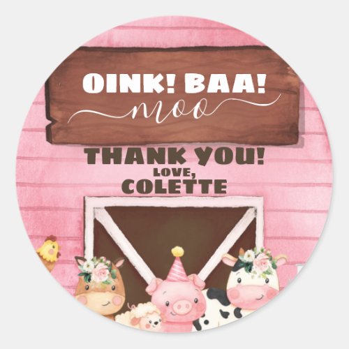 Pink Barn Oink Baa Moo Farm Animals Birthday  Classic Round Sticker
