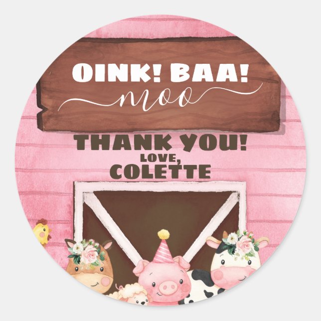 Pink Barn Oink Baa Moo Farm Animals Birthday  Classic Round Sticker (Front)