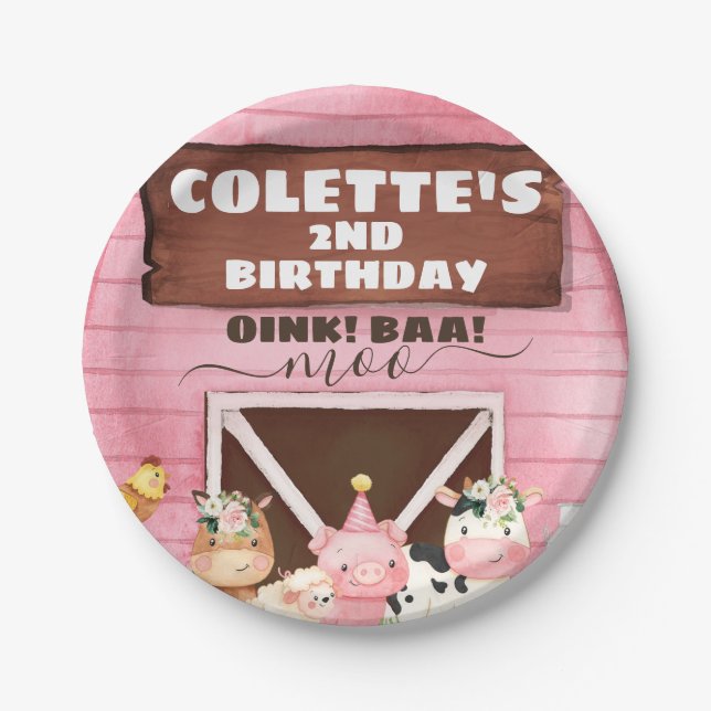 Pink Barn Oink Baa Moo Farm Animals Birthday Paper Plates (Front)