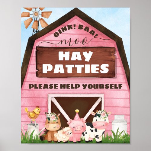Pink Barn Oink Baa Moo Farm Animals Birthday Party Poster