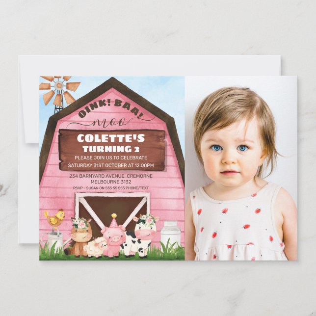 Pink Barn Oink Baa Moo Farm Animals Photo Birthday Invitation (Front)