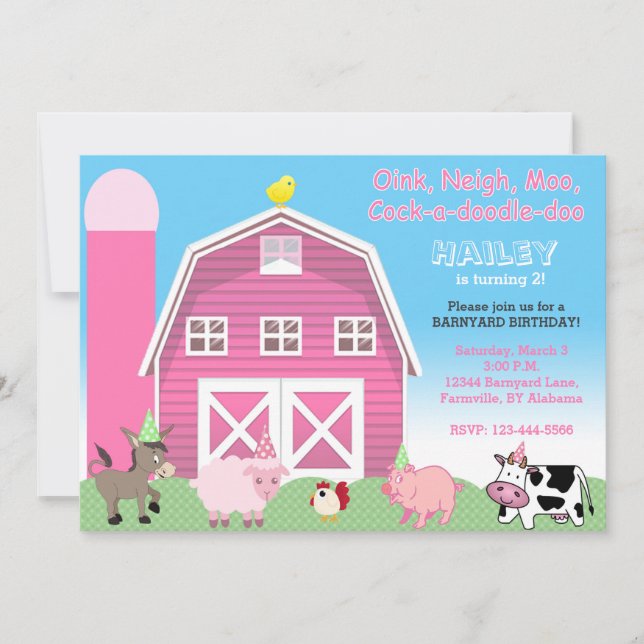 Pink barnyard birthday invitation | Farm invite (Front)