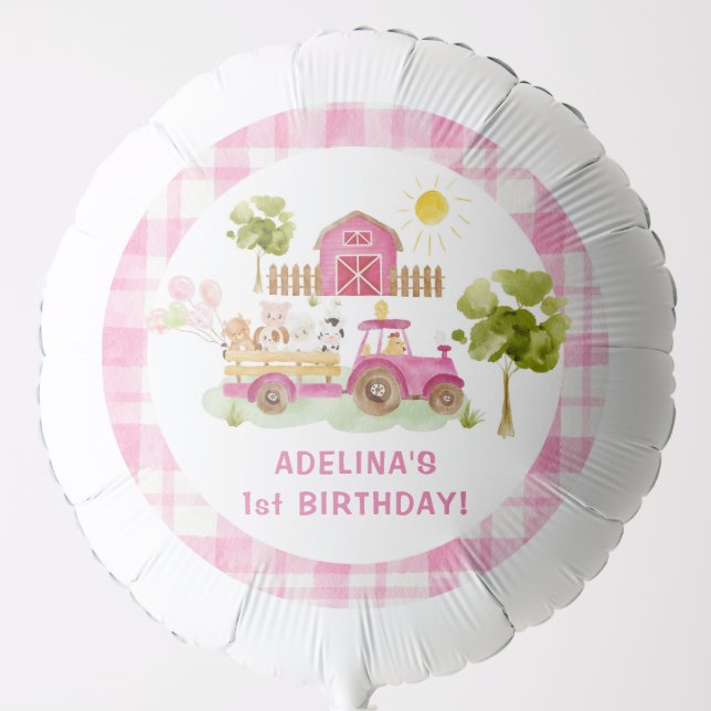 Pink barnyard farm animals birthday balloon (Front)