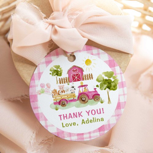 Pink barnyard farm animals birthday favor tags