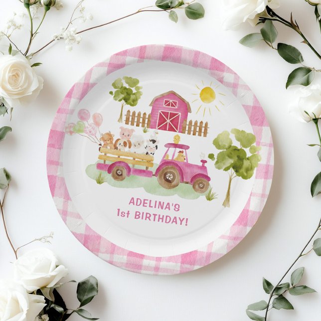 Pink barnyard farm animals birthday paper plates (Creator Uploaded)