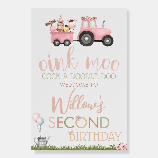 Pink Barnyard Farm Animals Birthday Welcome Sign (Front)